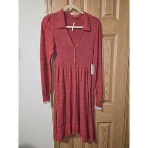 Free People Rain or Shine Red Knit Collared Sweater Mini Dress Sz M Boho Western